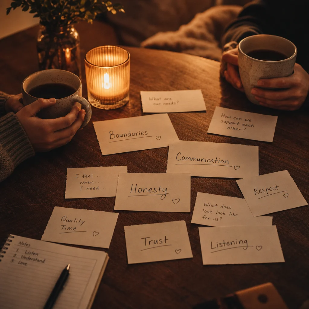 Two coffee cups on a table with handwritten notes scattered between them containing relationship-related words like boundaries, communication, and honesty