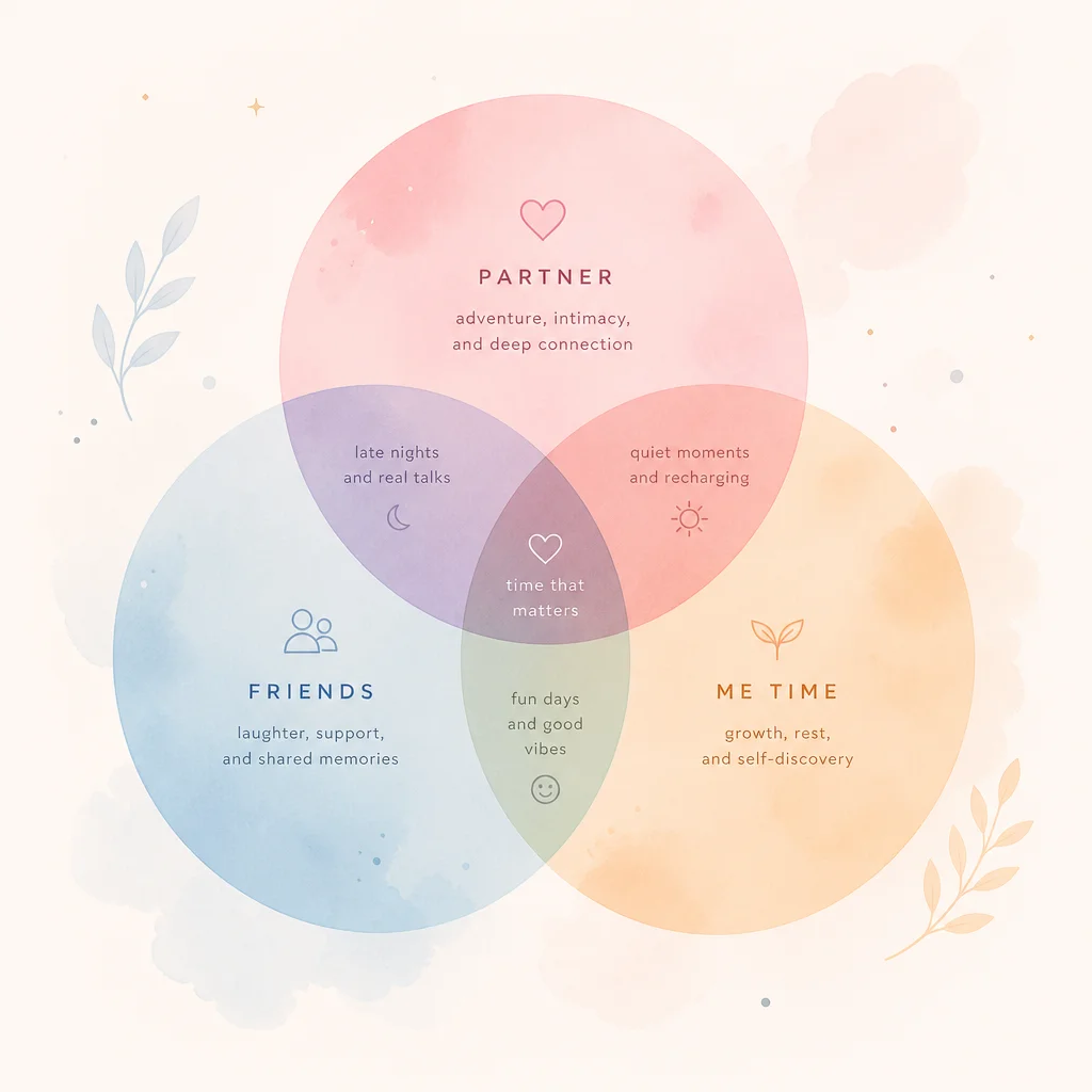 Overlapping circles representing balanced time allocation in polyamory relationships