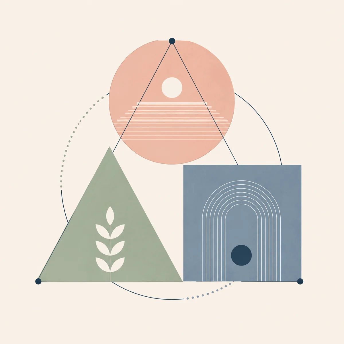 Abstract geometric illustration representing three interconnected yet distinct shapes, symbolizing balanced power dynamics in threesome dating