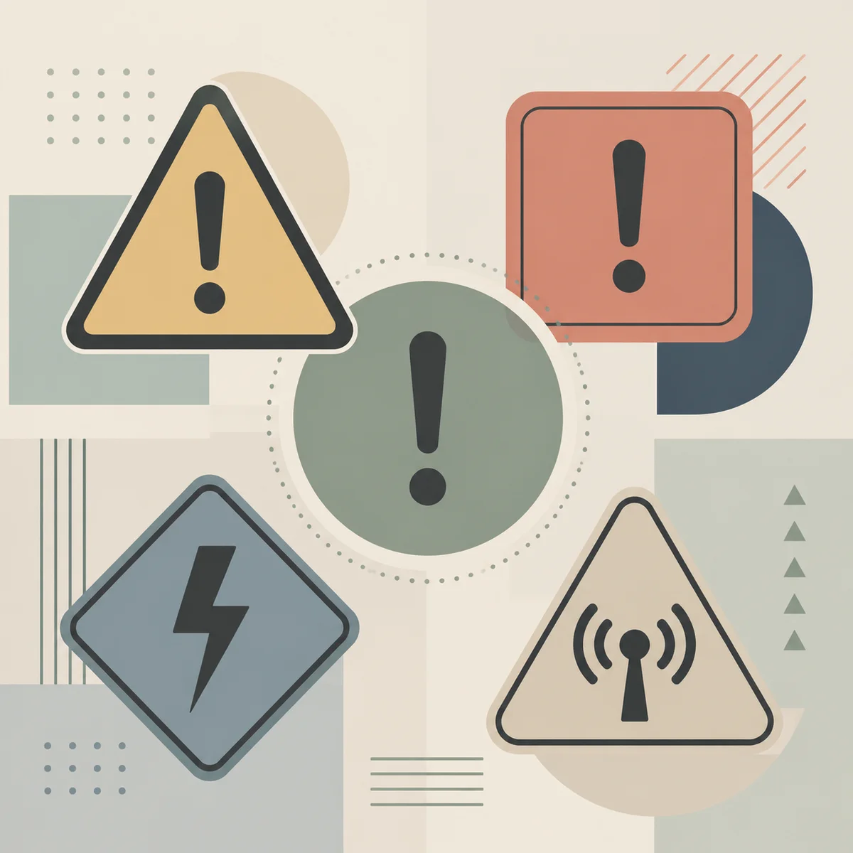 Geometric pattern illustration showing five distinct warning symbols arranged in a balanced composition