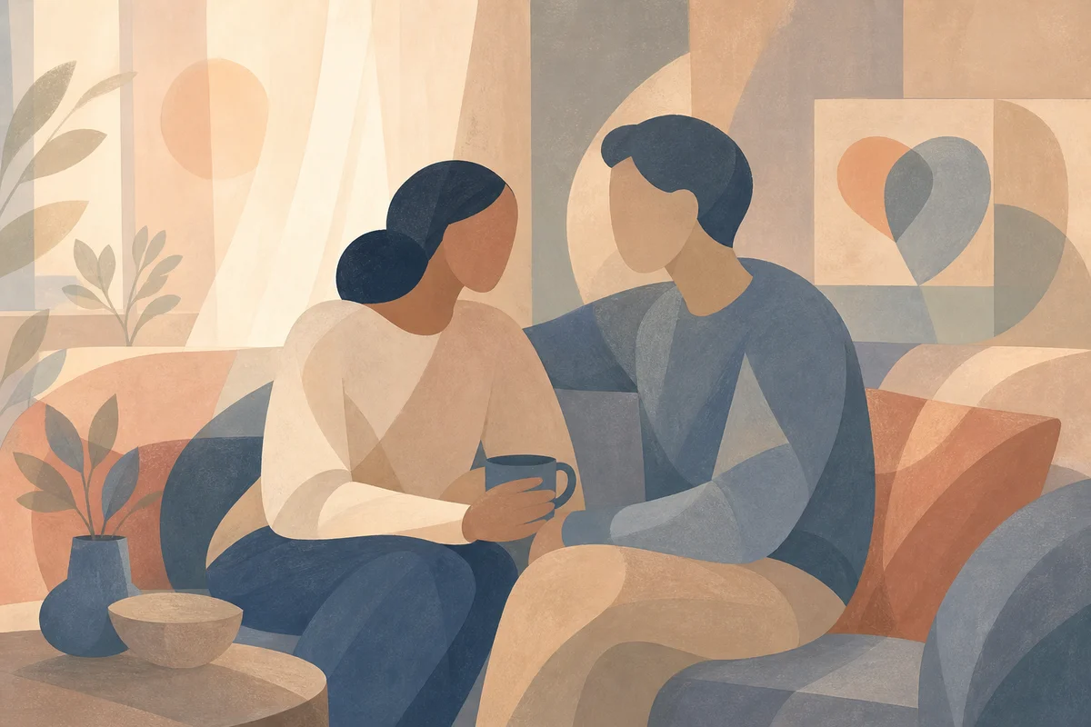 Two figures sitting close on a comfortable sofa having an intimate conversation, soft diffused lighting, warm and peaceful atmosphere