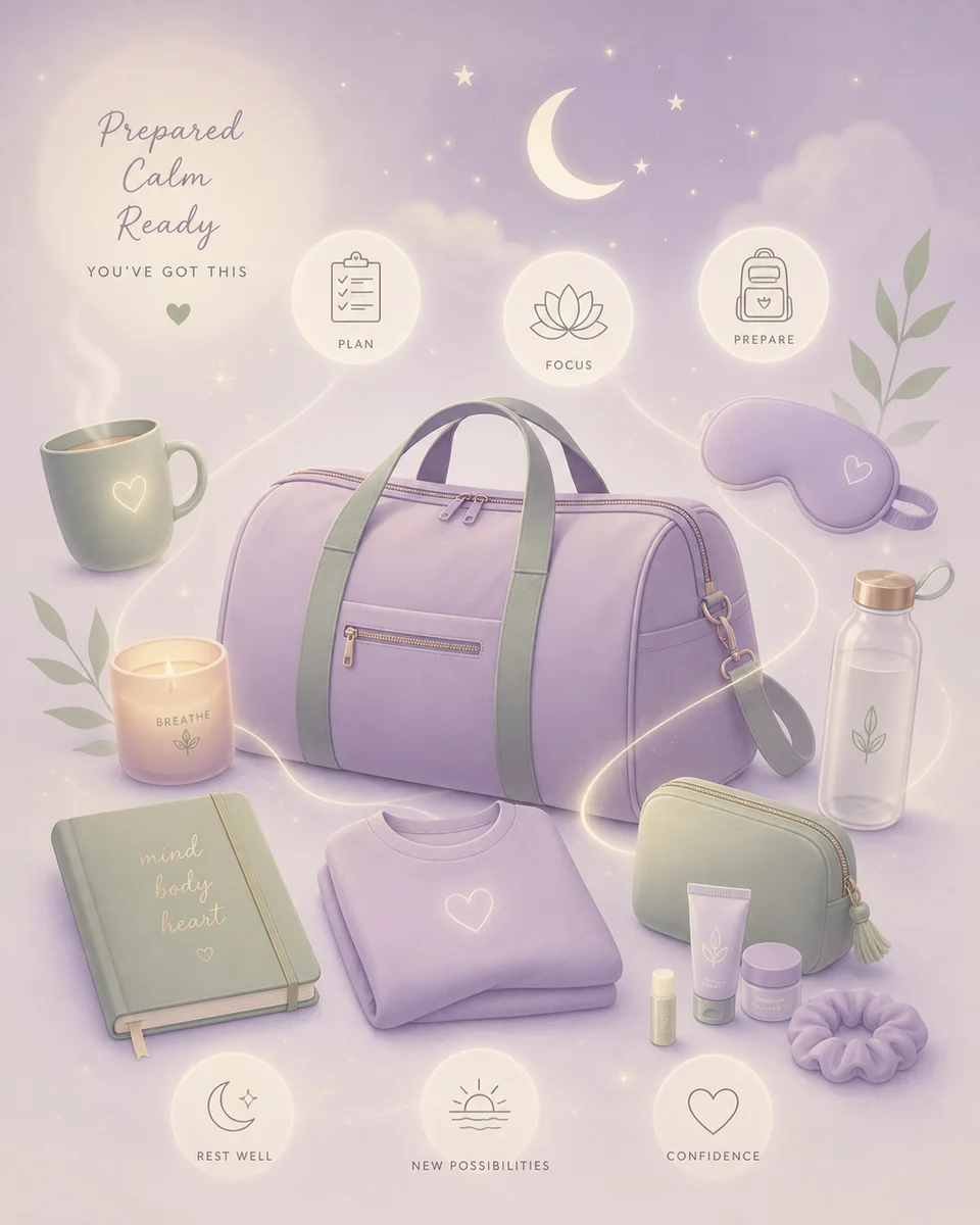 An overnight bag with softly glowing items arranged around it, abstract icons representing preparation, soft lavender and sage green palette