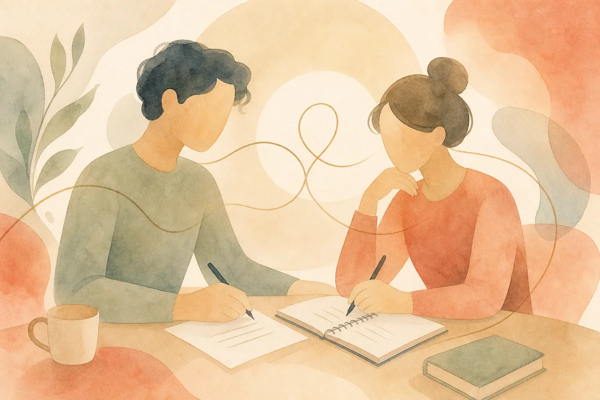 Two figures seated at a table writing together, abstract notebook shapes, soft coral and cream tones, peaceful collaborative atmosphere
