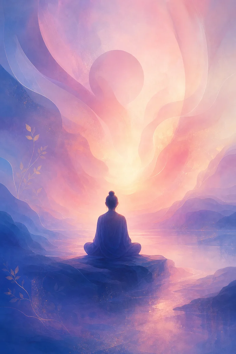 A lone figure in peaceful contemplation, soft indigo and rose gradients blending, gentle light, meditative atmosphere