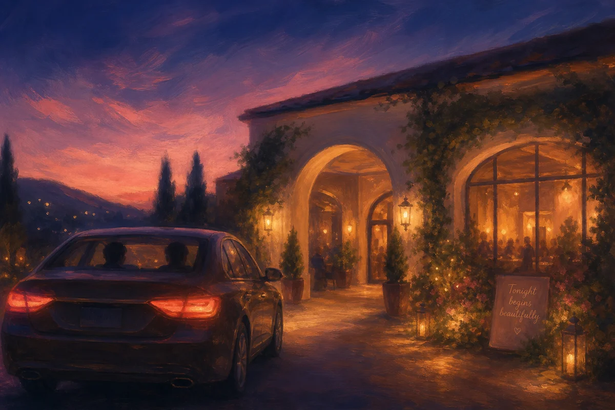 A car approaching a softly lit venue entrance at twilight, warm amber glow, dusty rose and deep navy sky, peaceful anticipation