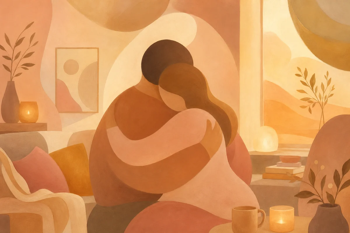 Two figures embracing softly in a cozy living room, warm honey and soft blush tones, peaceful homecoming atmosphere