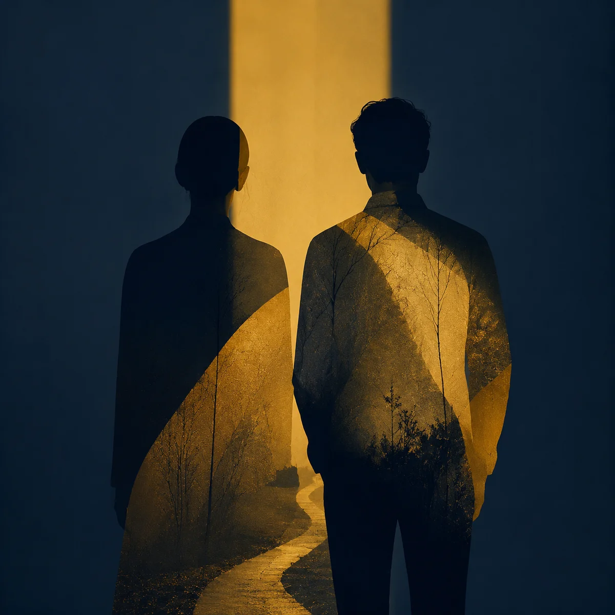Two abstract silhouettes in golden light representing shared psychological exploration