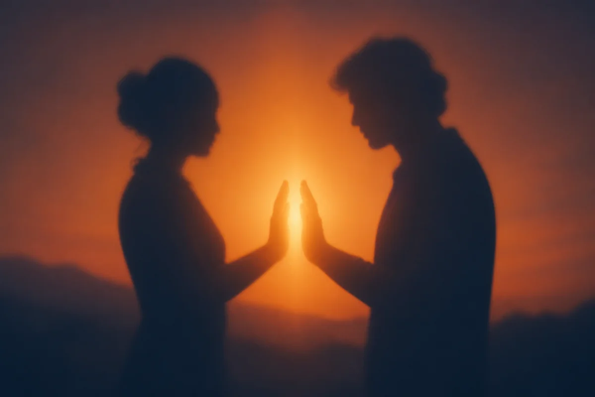 Two abstract silhouettes facing each other in warm orange and deep blue duotone