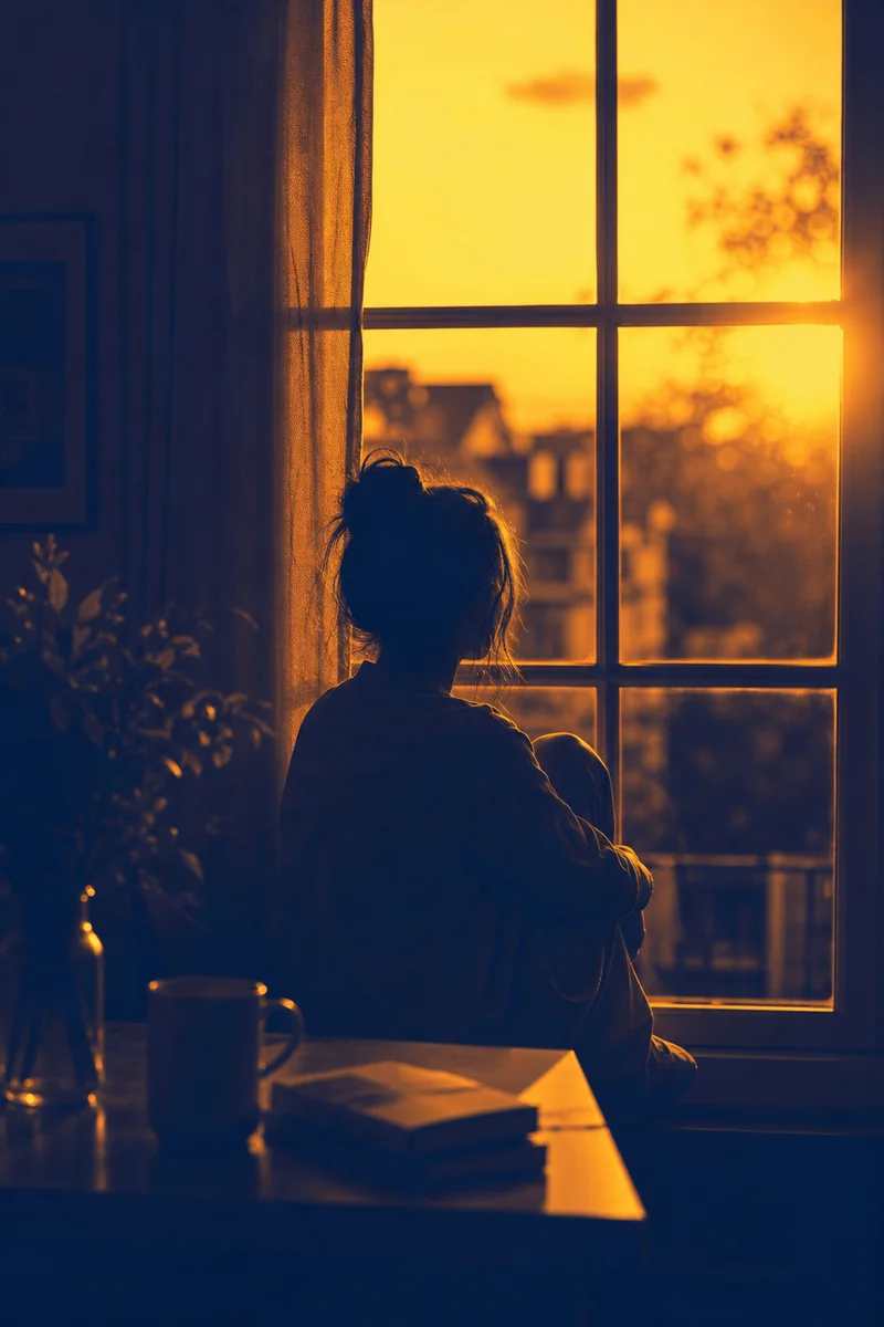 Single figure in contemplation by a window in golden hour warm duotone