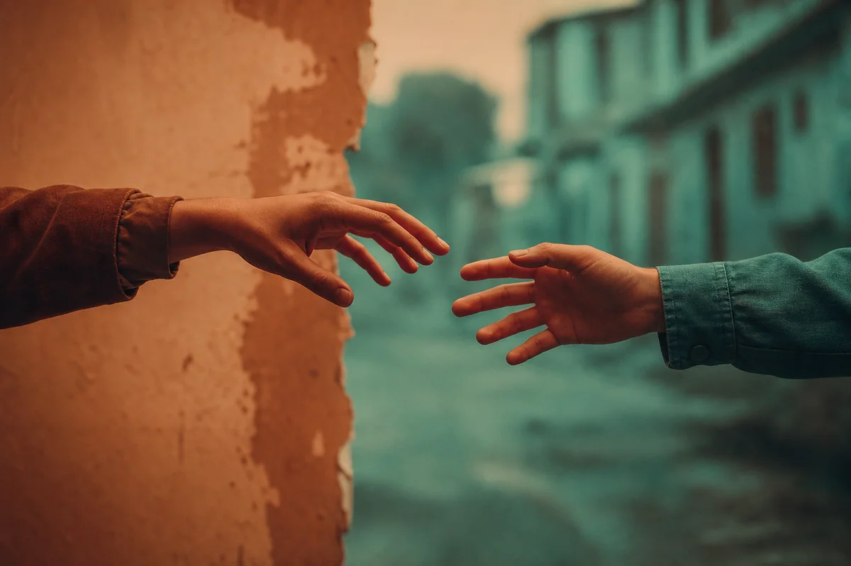 Two hands reaching toward each other in warm duotone, soft focus