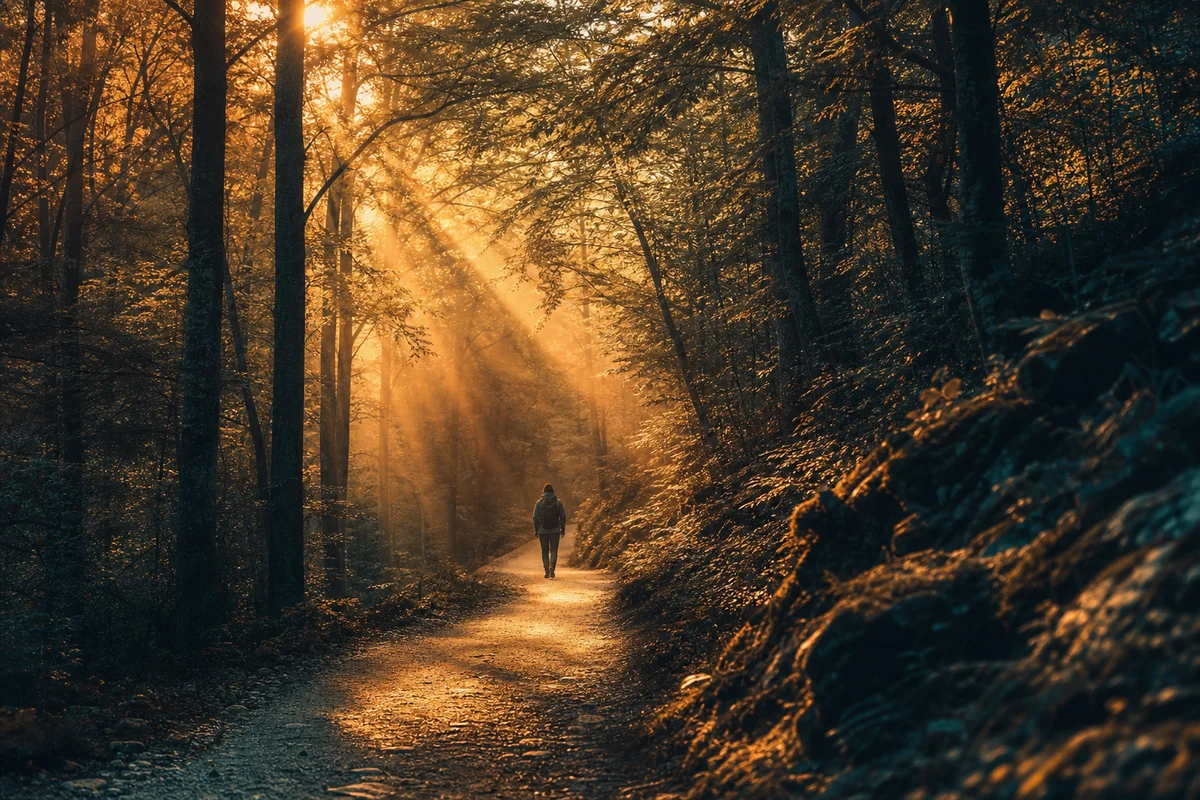 Forest path with light breaking through, warm ochre and deep teal duotone