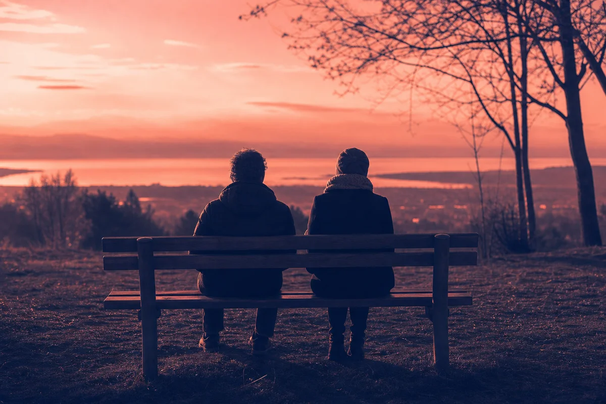 Two figures sitting on a bench facing the same direction, warm rose and navy duotone
