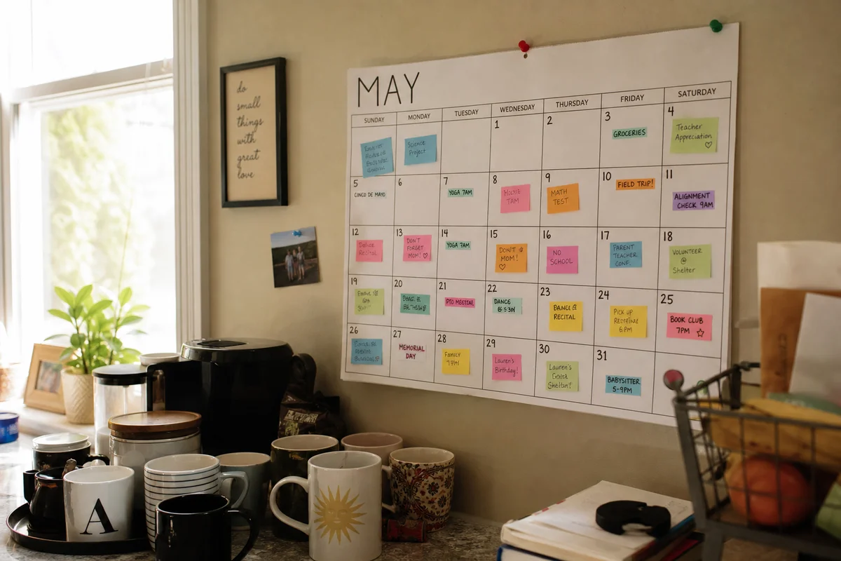Overfilled calendar on kitchen wall showing packed schedule, symbol of ENM time management pressure