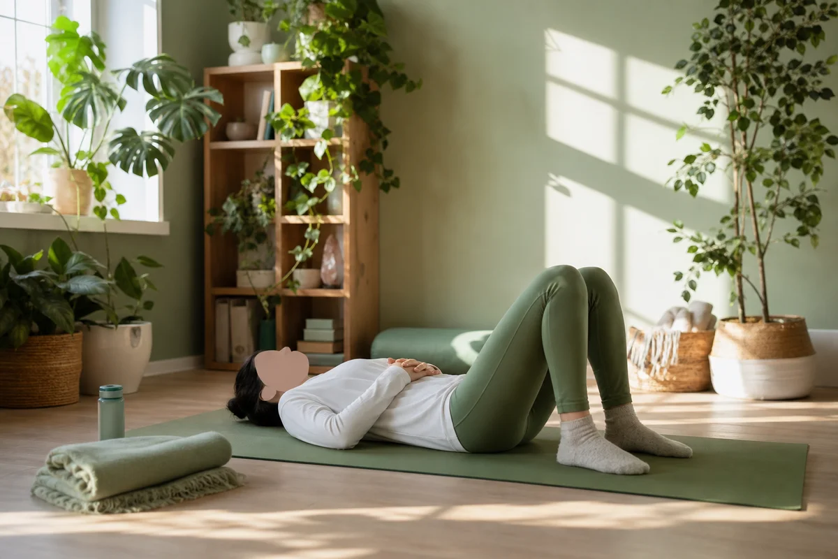 Person practicing restorative self-care on yoga mat, surrounded by plants, recovering from ENM burnout