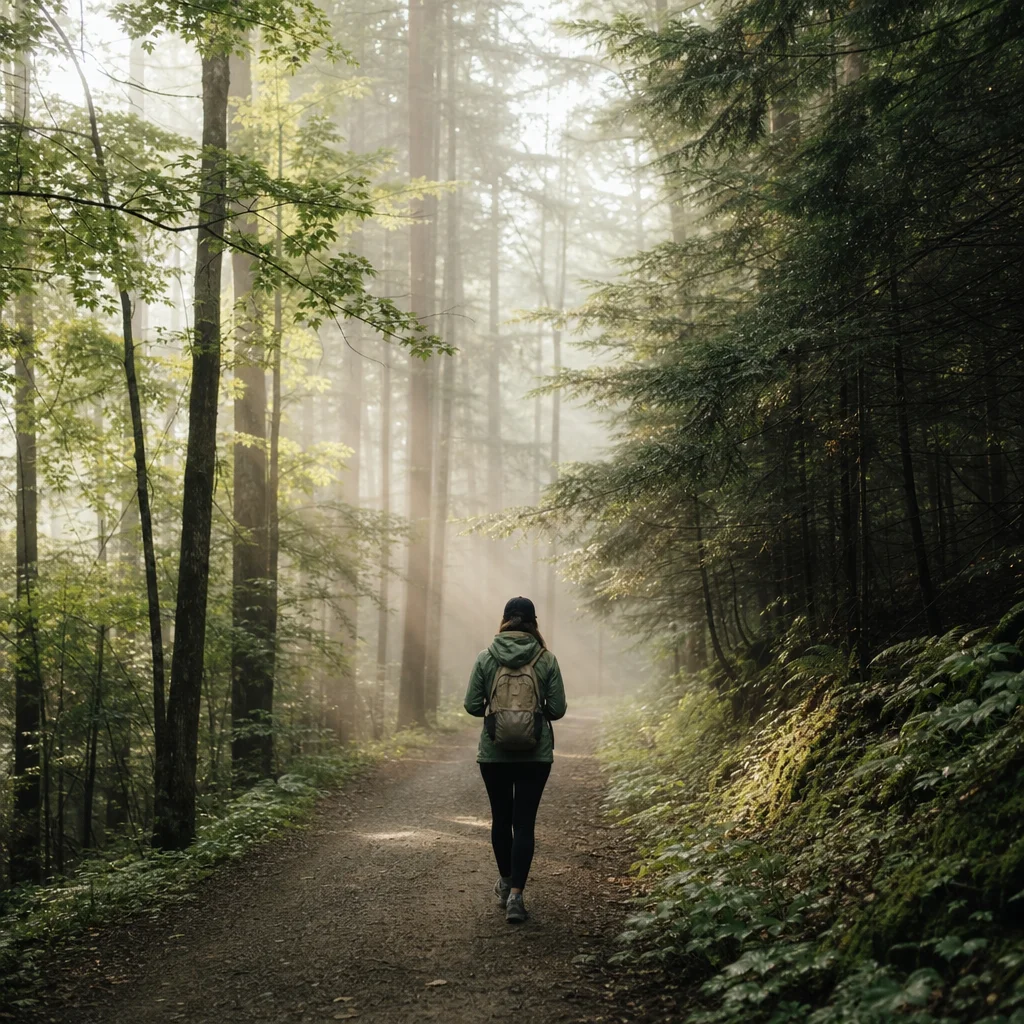 Person walking alone on forest trail finding solitude and restoration from ENM dating stress