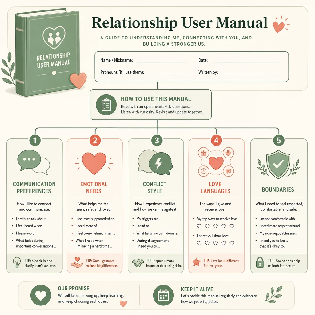 Infographic showing sections of a relationship user manual for polyamory