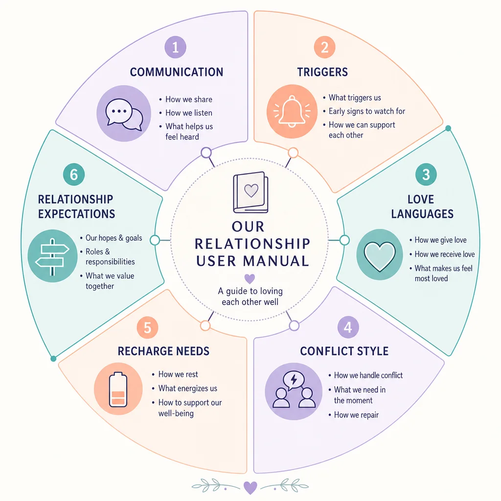 Circular diagram showing six sections of a relationship user manual