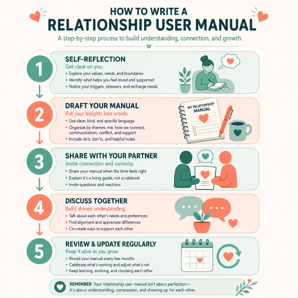 Step-by-step process diagram for writing a relationship user manual