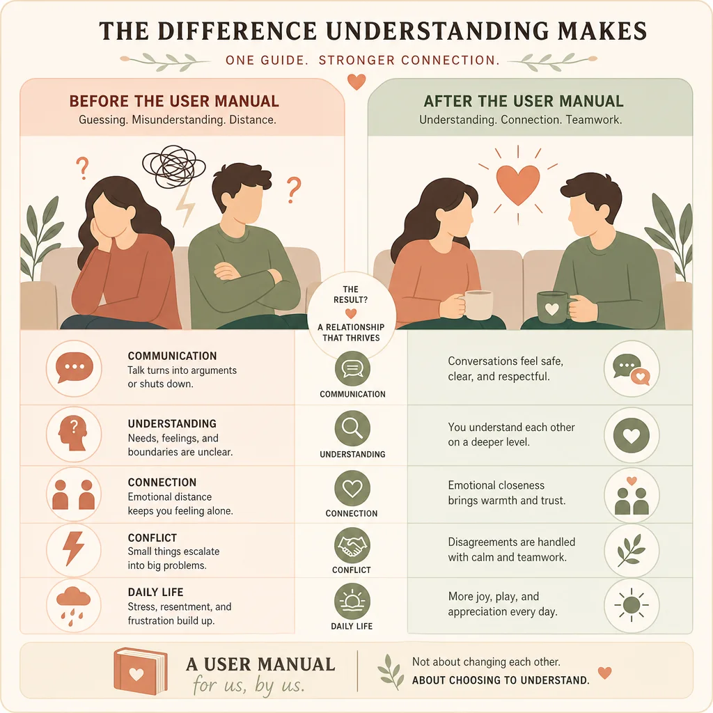 Before and after comparison chart of relationships with and without a user manual