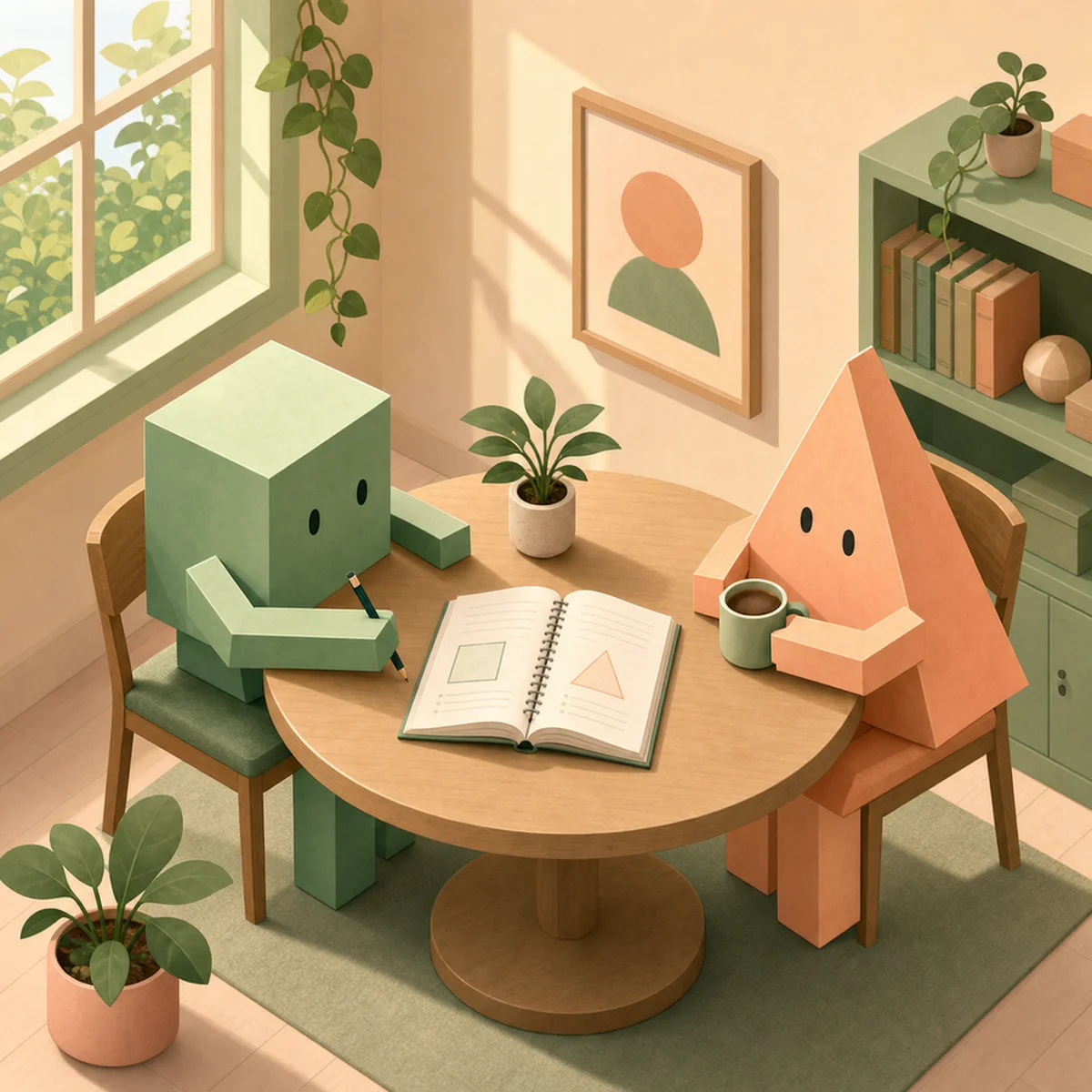 Two partners revisiting their relationship agreements together in a calm, collaborative setting