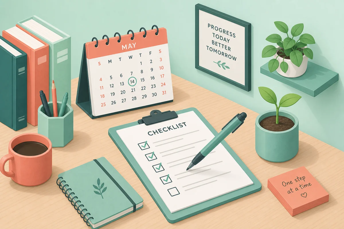 A checklist on a desk with a calendar and growing plant, symbolizing structured boundary review and relationship growth