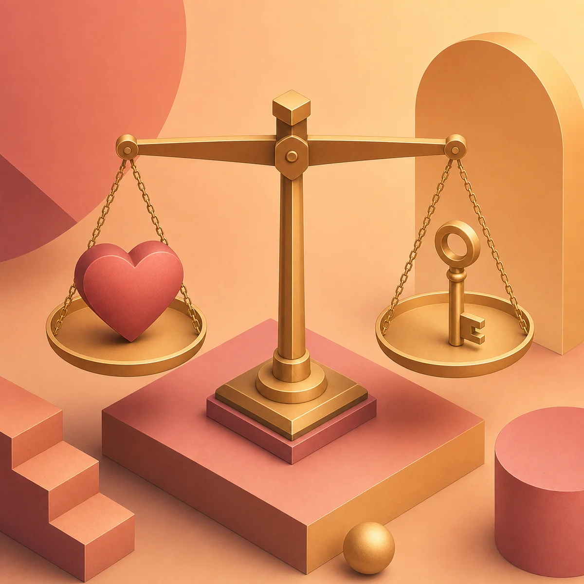 A balanced scale with heart and key symbols representing the negotiation between emotional needs and relationship structure