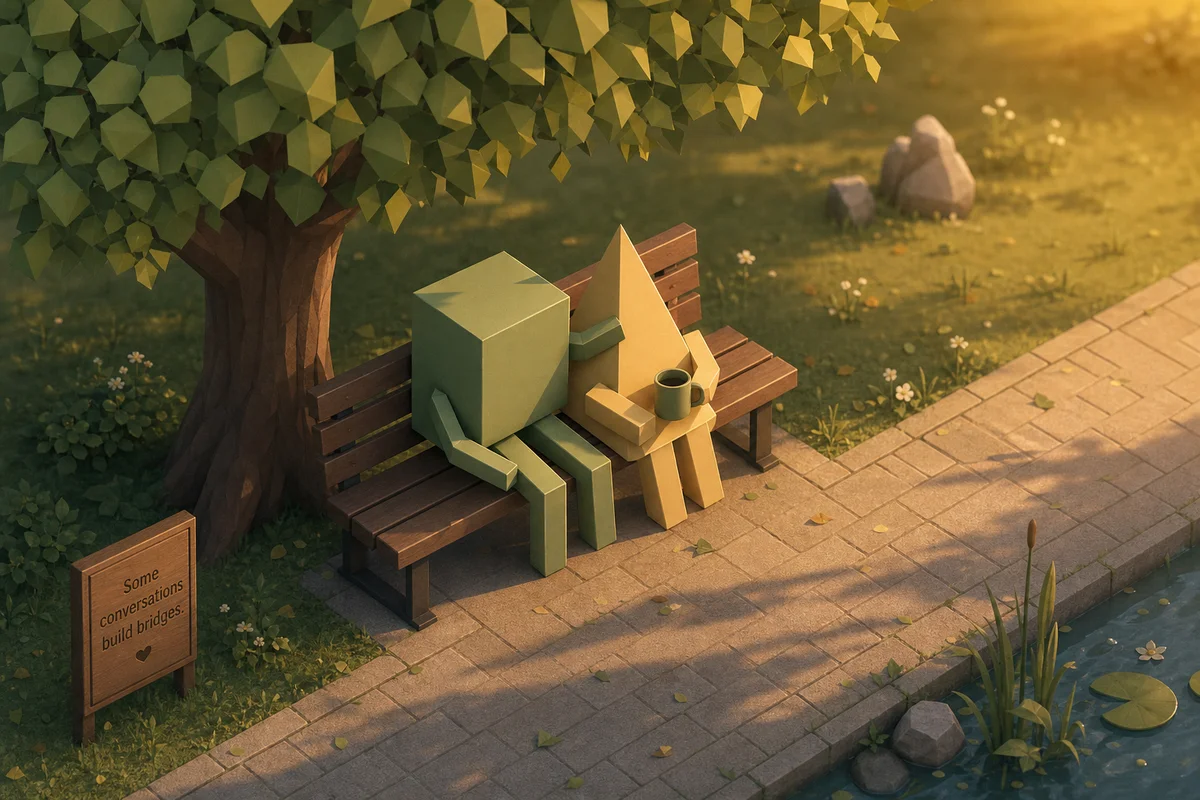 Two partners reconnecting on a park bench after a boundary conversation, with warm golden light