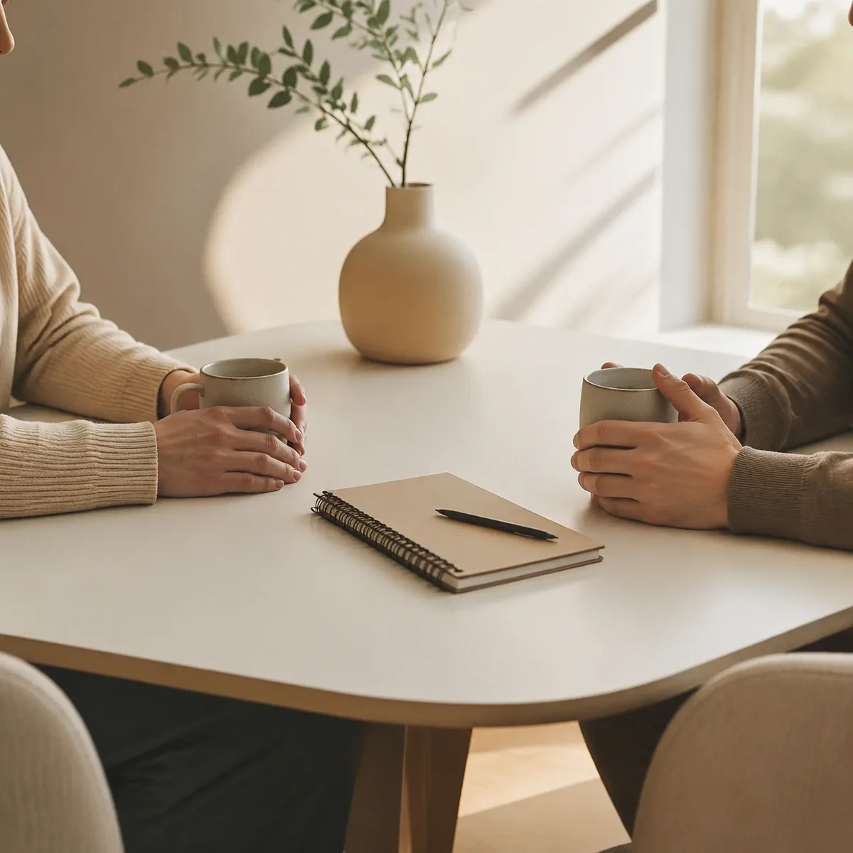 A couple sitting across from each other at a minimalist table, having a calm and focused conversation with a notebook between them, editorial photography style with soft natural lighting