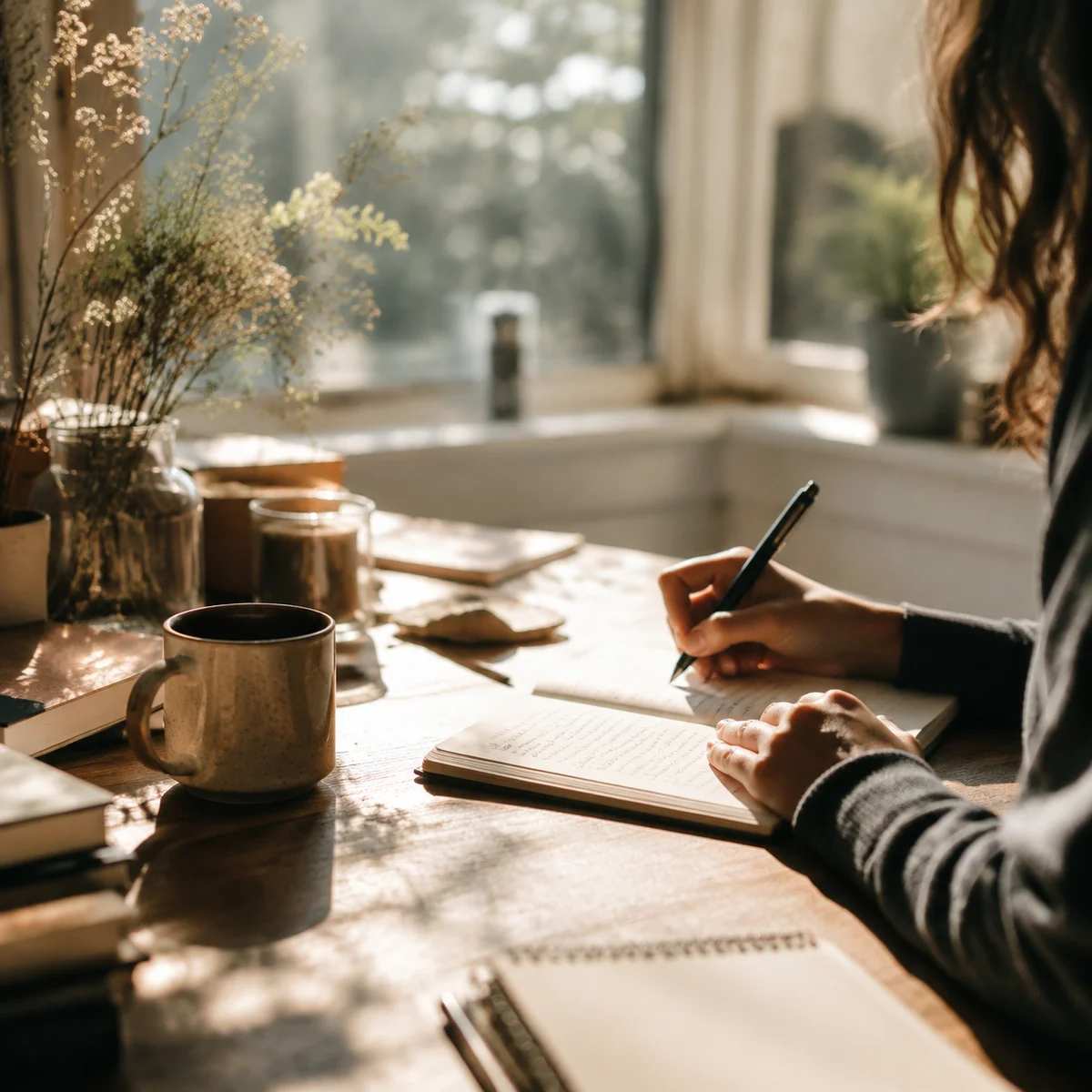 A single person journaling at a sunlit desk, editorial photography style with warm tones and thoughtful composition