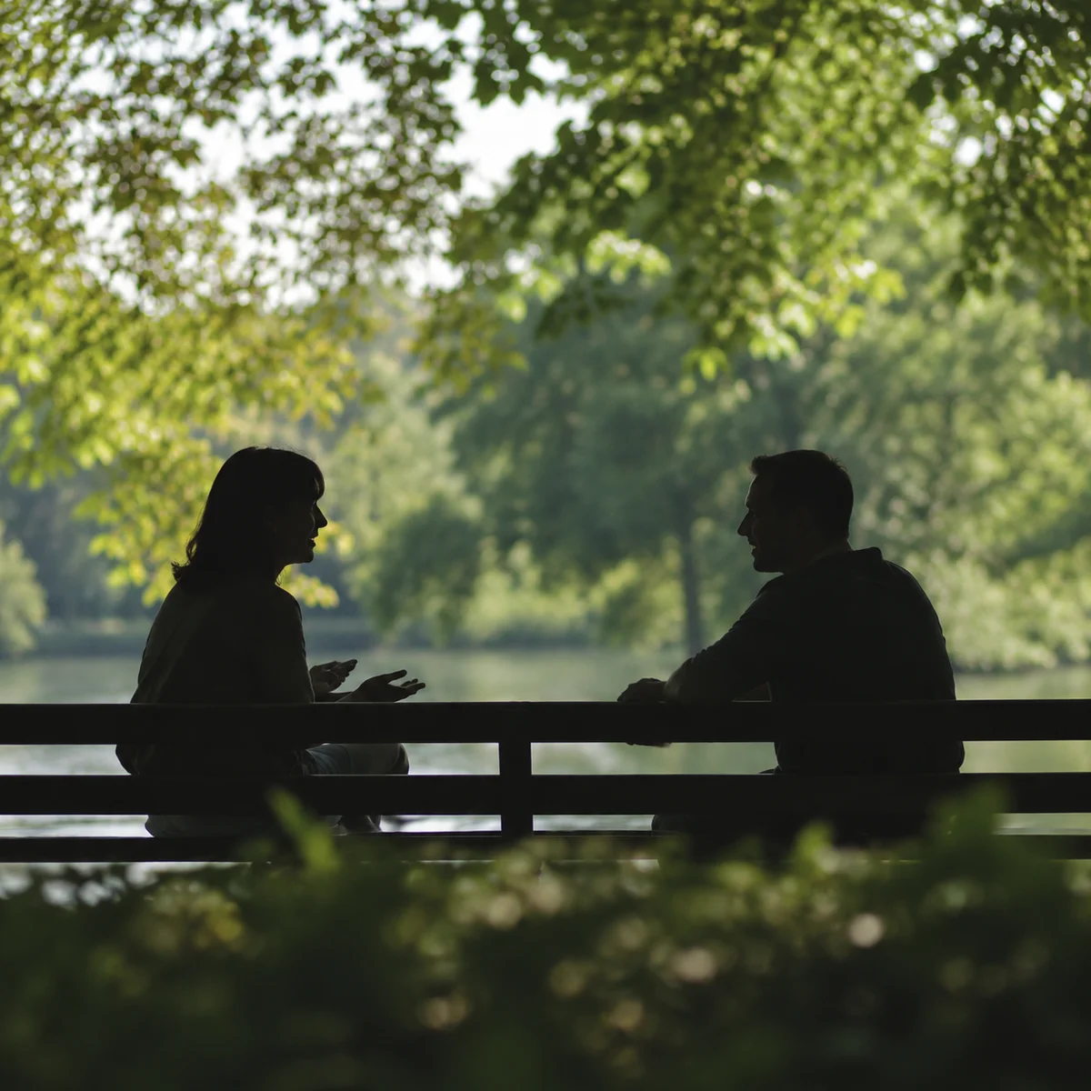 Two people sitting on a park bench facing each other, engaged in a serious but warm conversation, editorial style with soft background blur