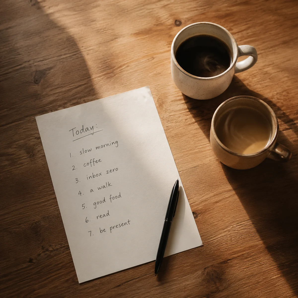 A handwritten list on paper next to two cups of coffee, natural light, editorial photography style with intentional negative space