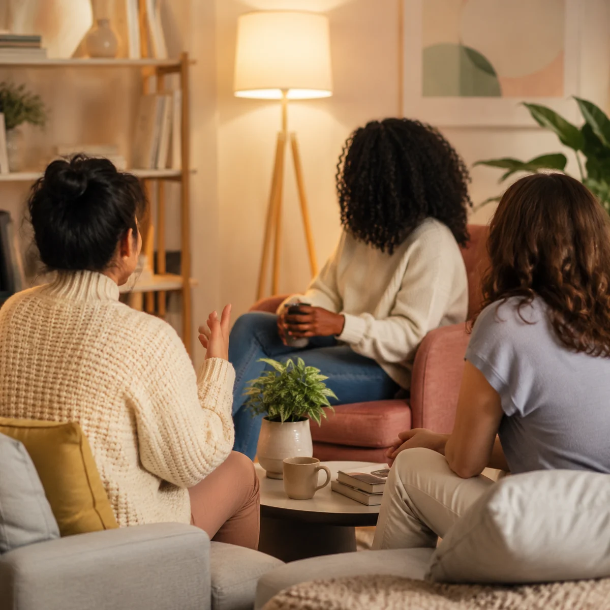 Three people sitting in a living room having a relaxed conversation, diverse group, editorial photography with warm ambient lighting and genuine expressions