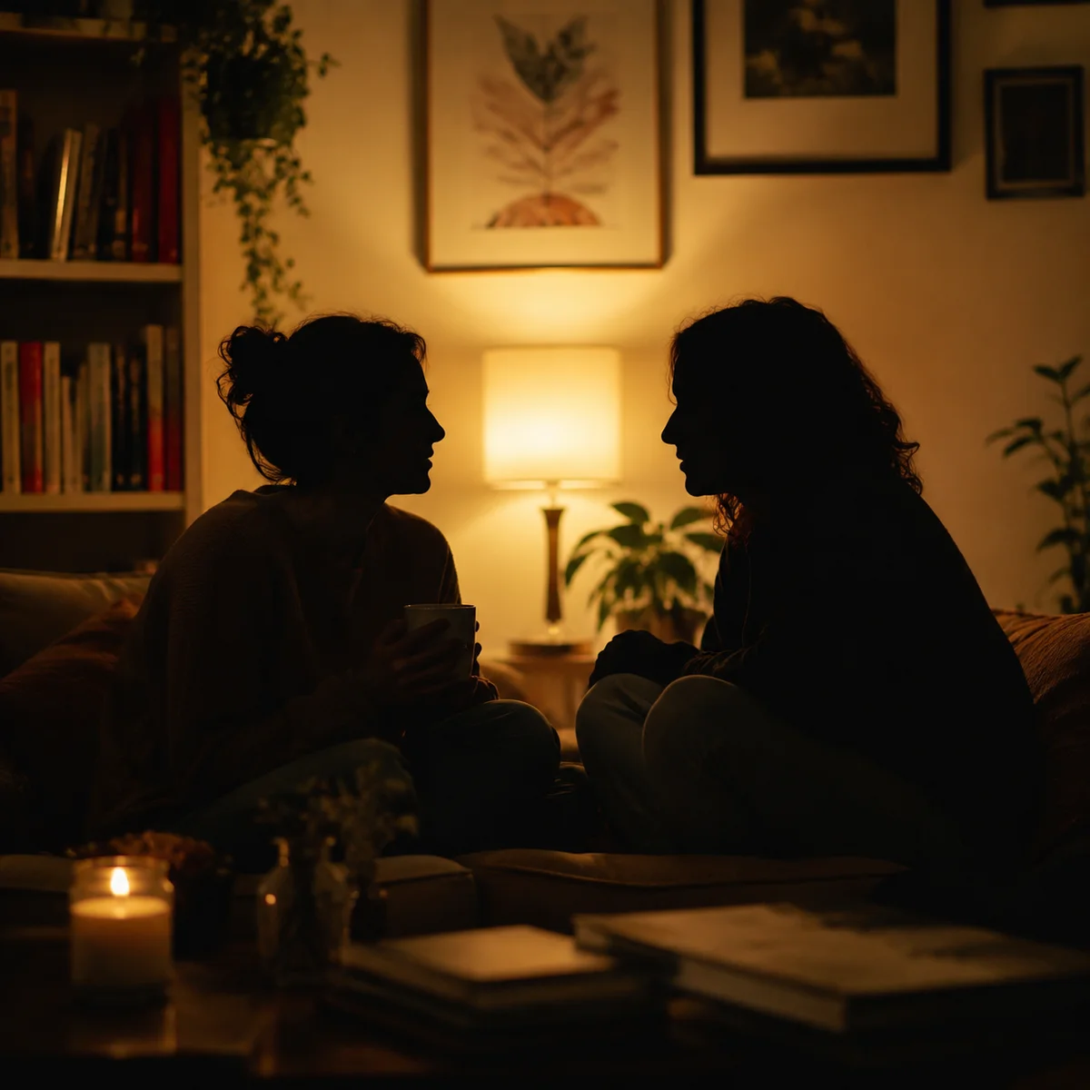 Two people sitting close together on a couch in soft evening light, having a quiet conversation, editorial photography with intimate documentary feel