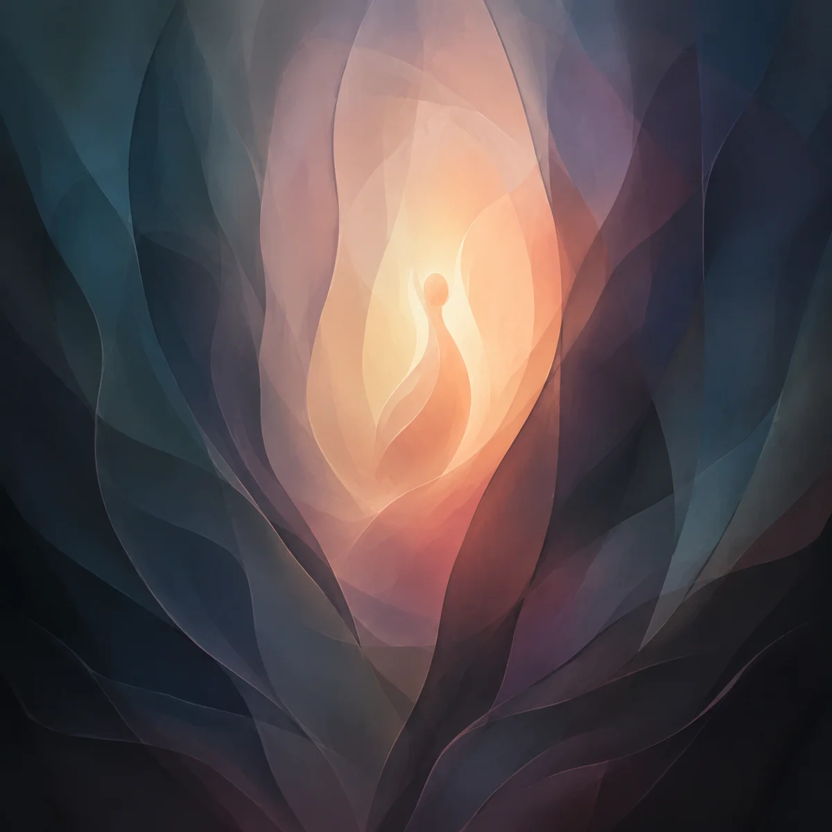 Soft abstract composition of a central luminous shape surrounded by darker translucent barriers, evoking the feeling of hiding one's authentic self