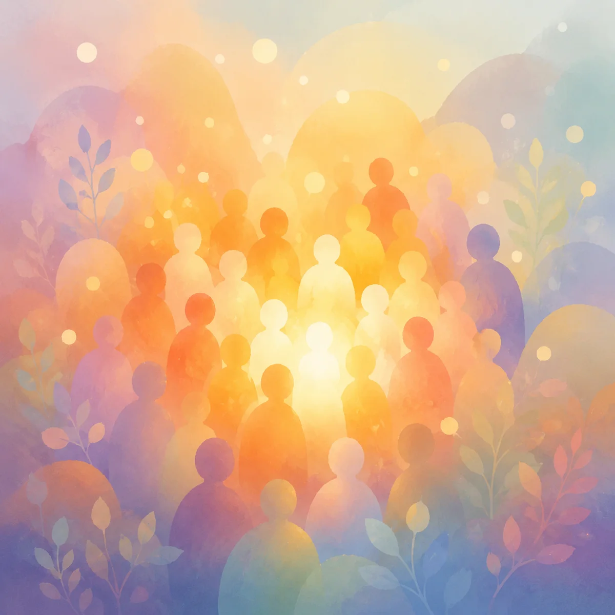 Soft abstract illustration of multiple small light forms clustering together to create a larger, warmer glow, representing community as a buffer against stigma