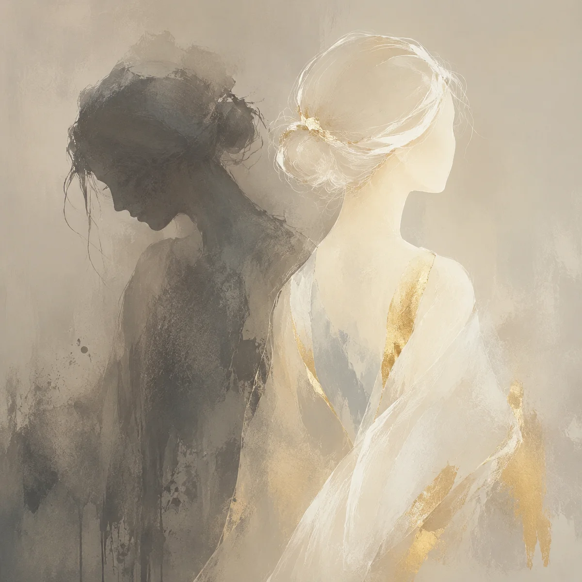 Abstract soft-toned illustration of two overlapping forms — one dark and faded, one bright and defined — representing the tension between internalized shame and authentic self