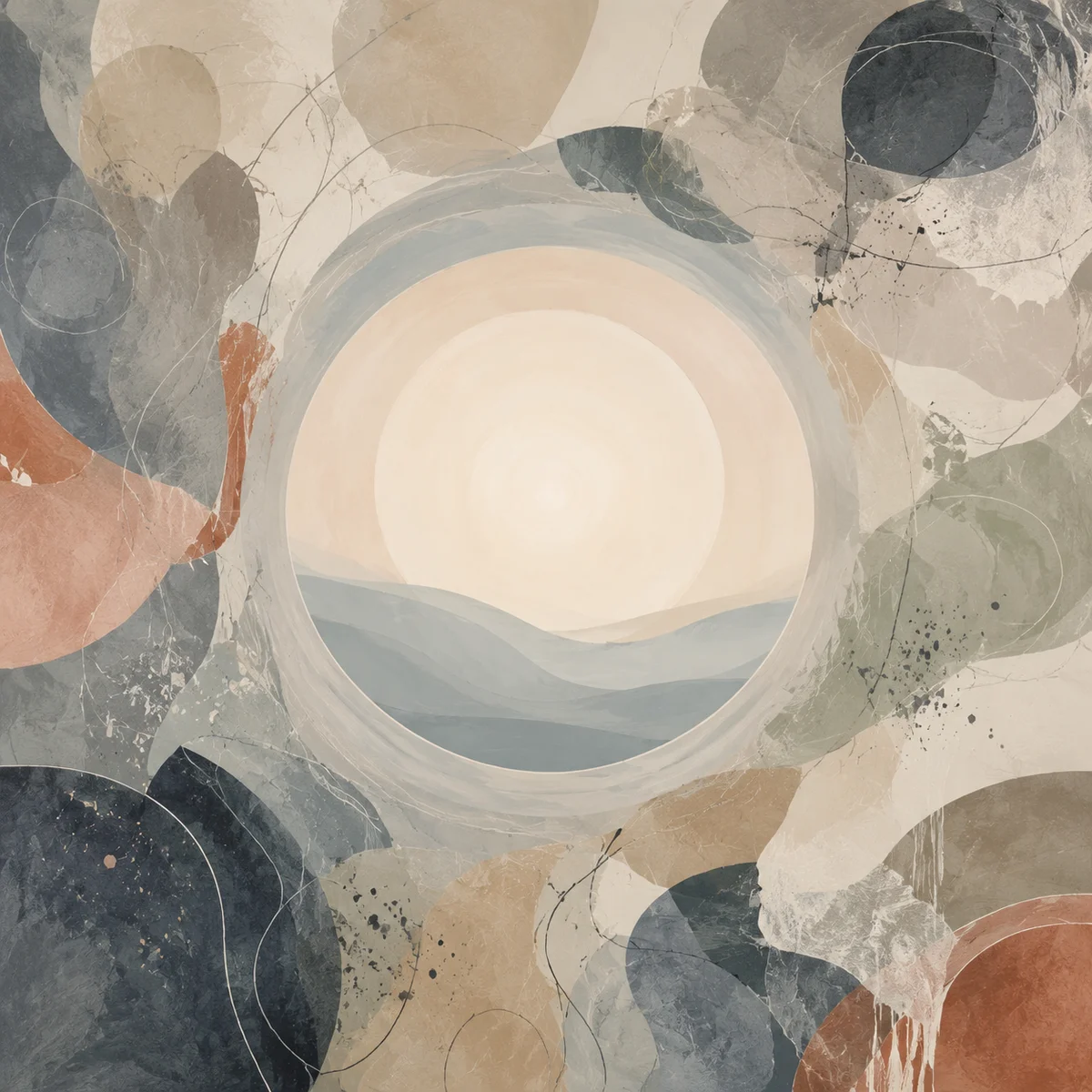 Soft abstract design of a calm, centered circular form surrounded by chaotic but muted external shapes, evoking emotional composure amid judgment