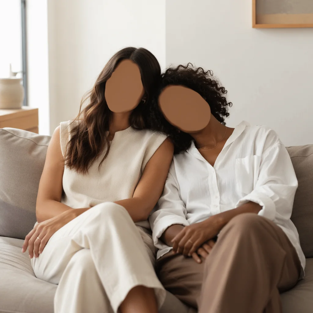 Editorial photography style image of two people sitting side by side on a couch, one resting their head on the other's shoulder, soft natural lighting, warm tones, intimate but not romantic, a quiet moment of presence and comfort
