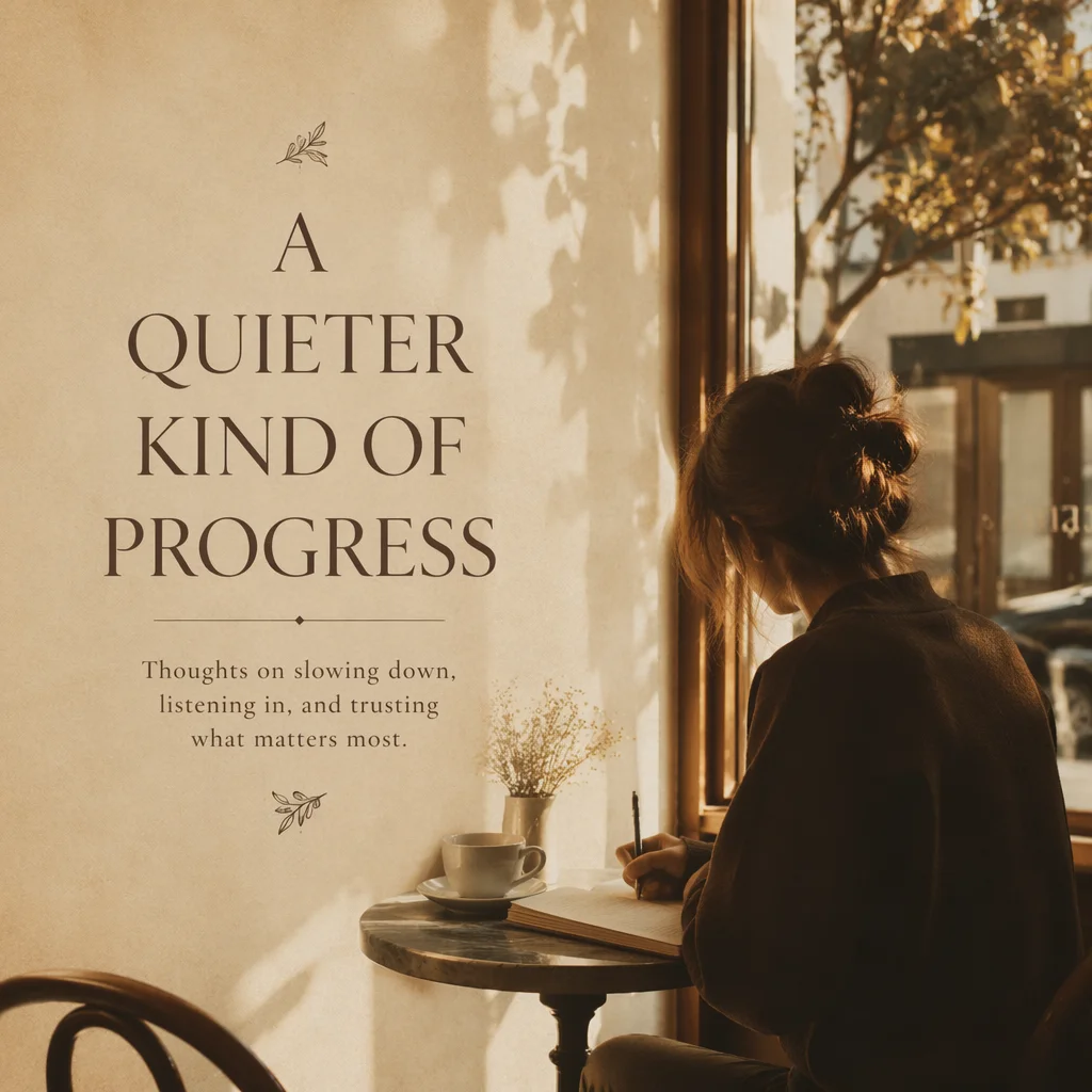 Editorial photography with text overlay: a person sitting alone at a cafe table writing in a notebook, morning light, warm sepia tones, text overlay reading 'your grief and my love are not in competition' in elegant serif font