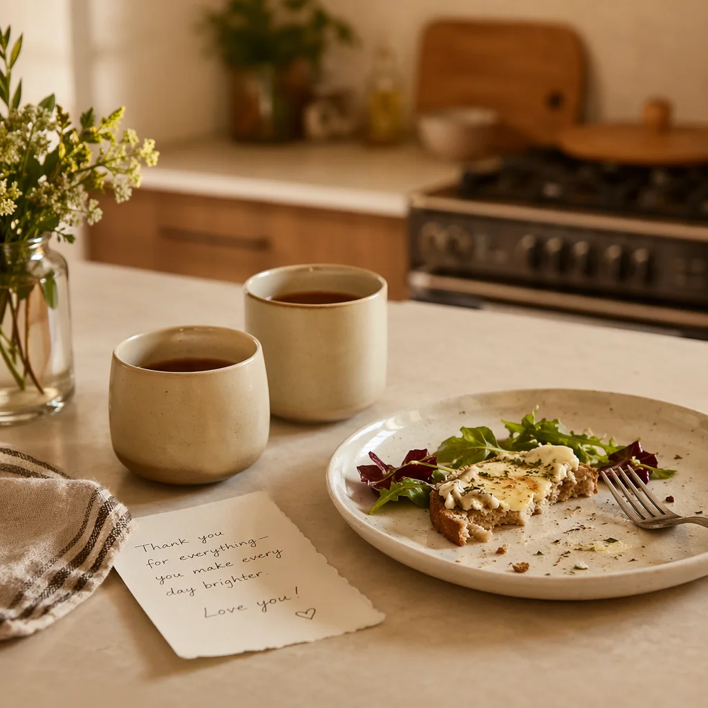 Editorial photography of a kitchen counter with two mugs of tea, a half-eaten meal, and a handwritten note visible, warm domestic lighting, soft focus background suggesting comfort and care, magazine editorial style
