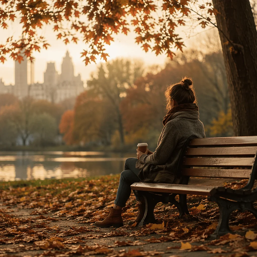 Editorial photography of a person sitting alone on a park bench in autumn, looking contemplative, warm golden hour light, leaves on the ground, emotional but composed, magazine editorial style with soft grain texture