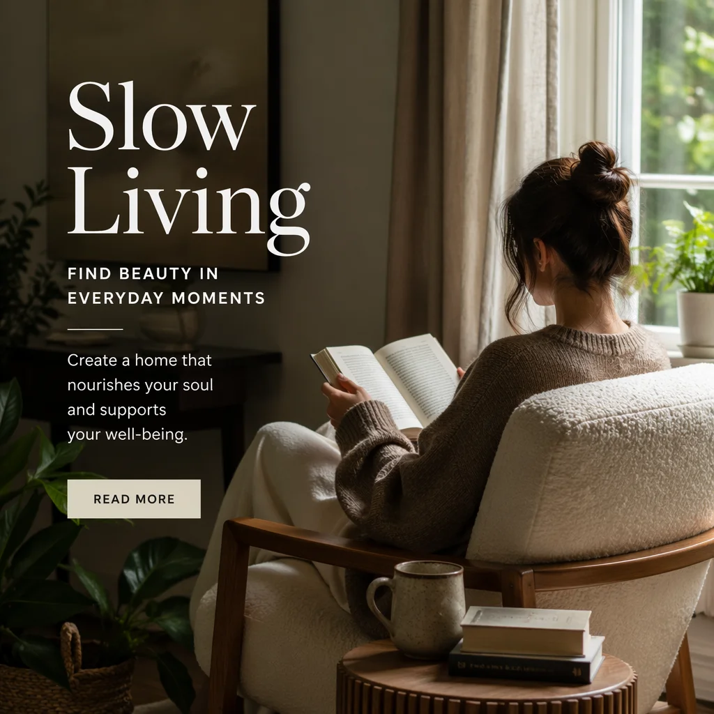 Editorial photography with text overlay: a person practicing self-care at home, reading a book in a comfortable chair with natural light, soft warm color palette, text overlay reading 'boundaries protect love, they don't diminish it' in clean typography