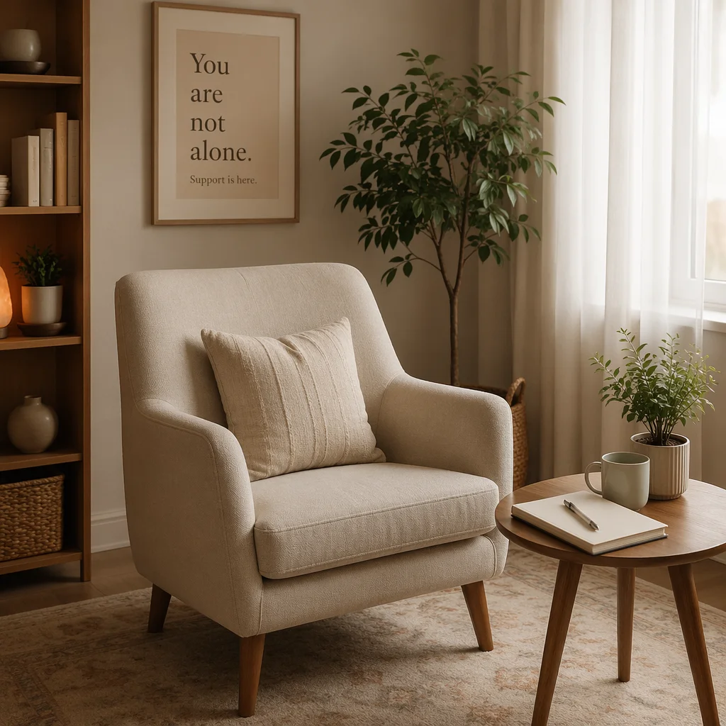Editorial photography of a calm therapy space with a comfortable armchair, a notebook on a side table, soft diffused sunlight, plants, warm neutral tones, conveying safety and professional support, magazine editorial style