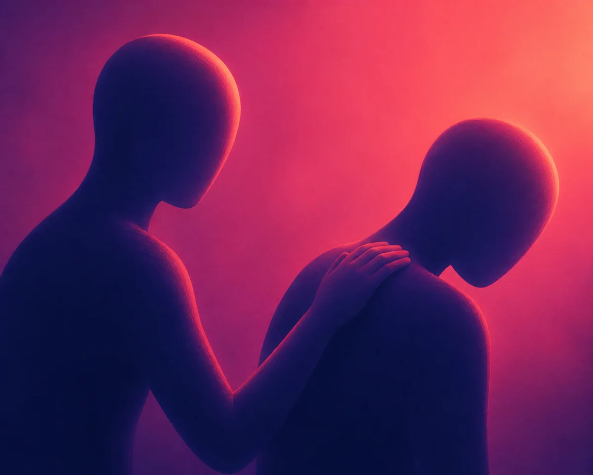 Two abstract figures with a gentle hand on shoulder, warm magenta and indigo duotone