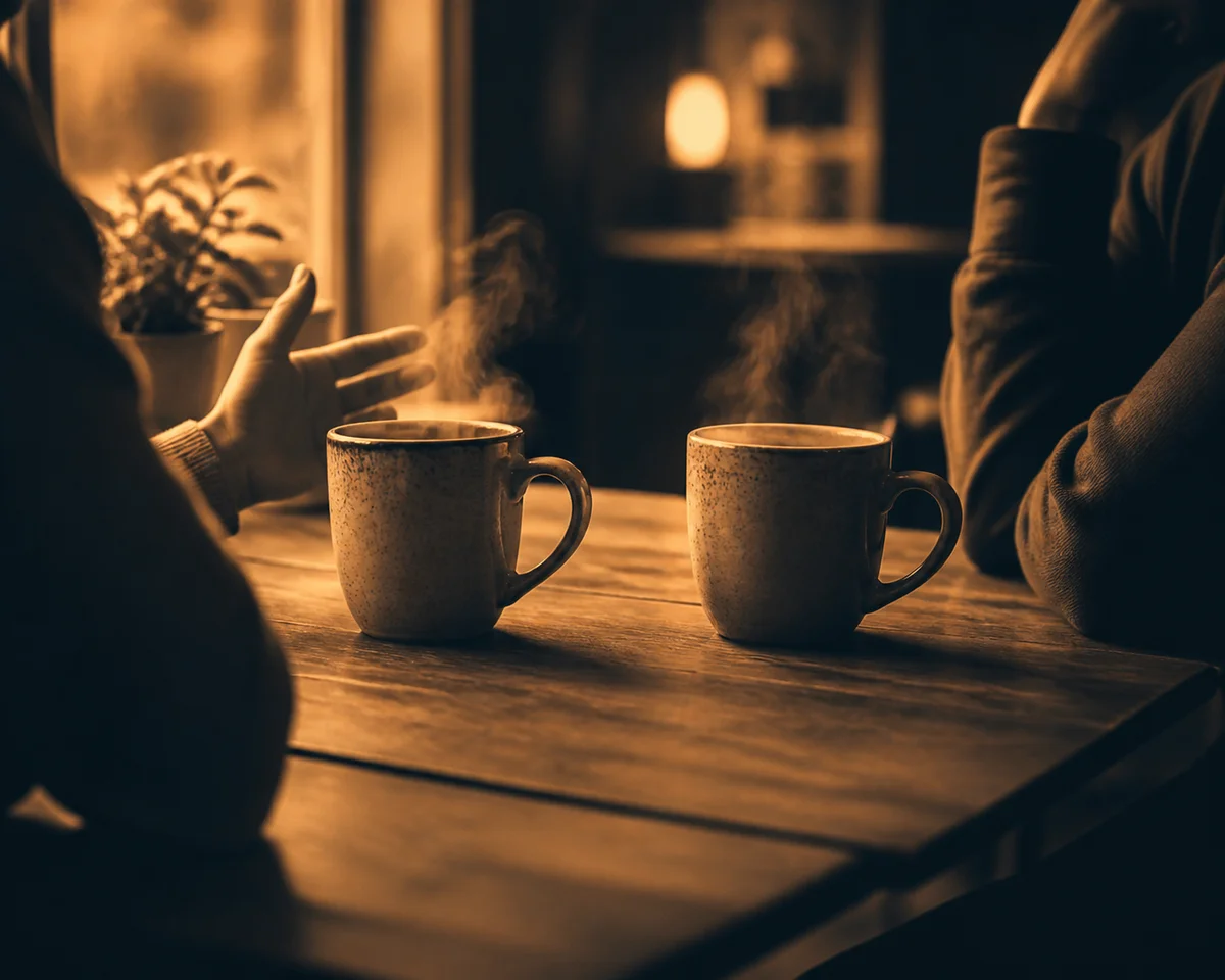 Two coffee cups on a table facing each other in warm amber duotone