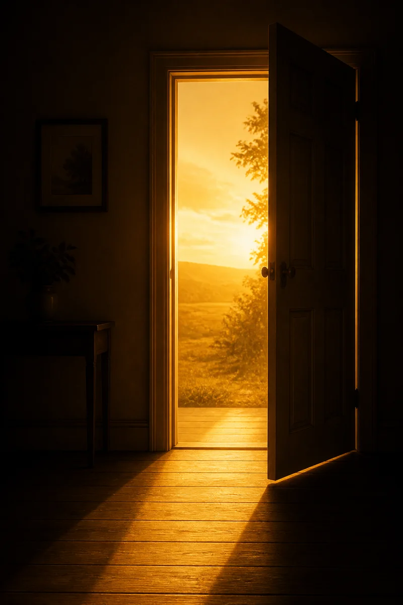 Open door with light spilling through in warm gold and shadow duotone