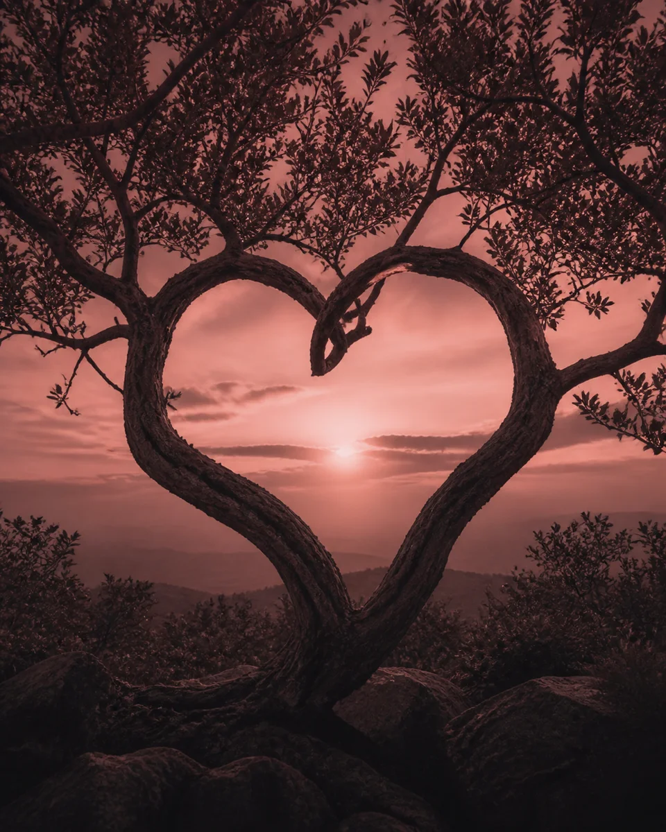 Heart shape formed by intertwined branches in warm rose and charcoal duotone