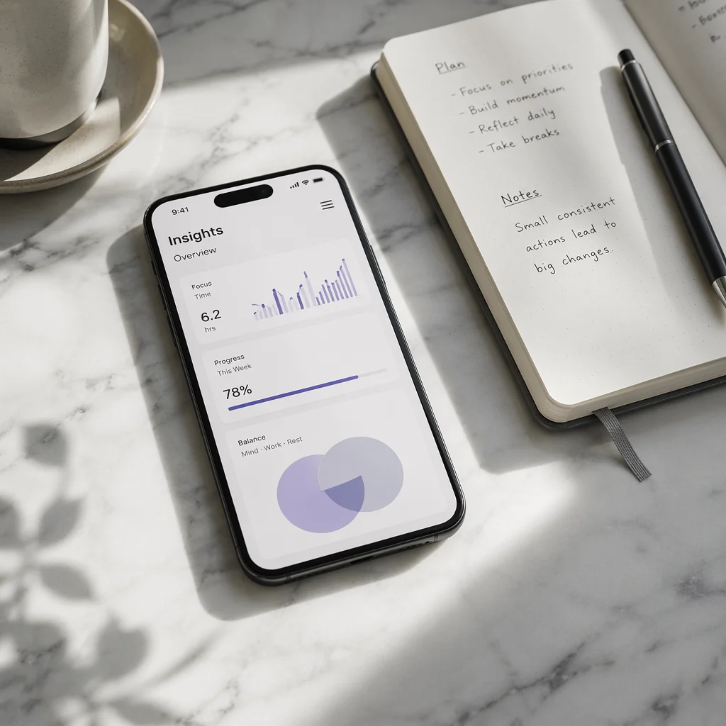 Editorial photograph of smartphone and notebook representing preparation and first steps