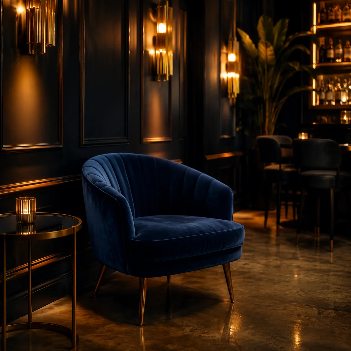 Empty velvet armchair in dim lounge representing club etiquette and atmosphere