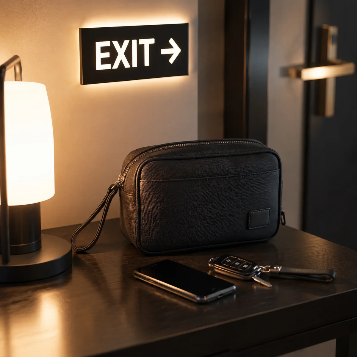 Personal items arranged near exit representing safety and preparedness for single swingers